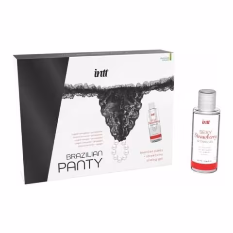 Набір Intt BRAZILIAN PANTY BLACK: трусики на резинці S-XL з перлинним кільцем + полунична змазка