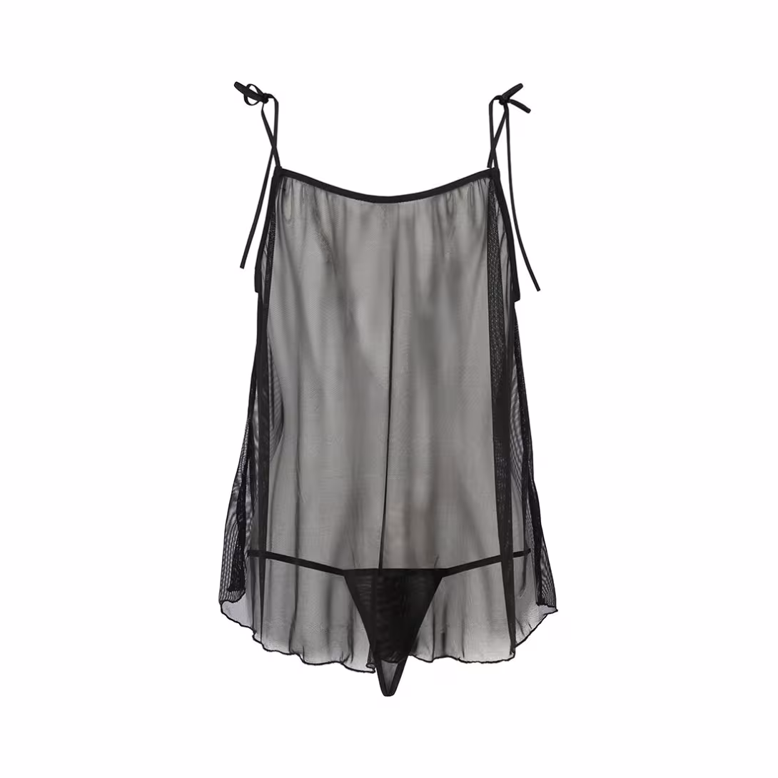 Сорочка прозора бебі-дол Passion MELANIA CHEMISE L/XL, black, трусики, на тонких бретелях — фото 4