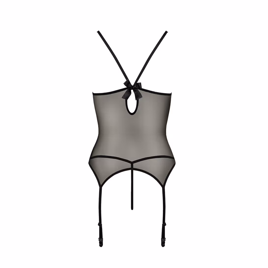 Корсет з пажами Passion MELANIA CORSET S/M, black, трусики, напівпрозорий — фото 6