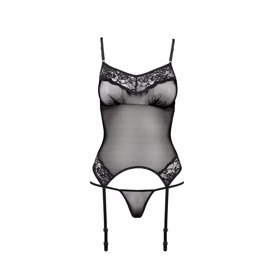 Корсет з пажами Passion MELANIA CORSET XXL/XXXL, black, трусики, напівпрозорий — фото 5