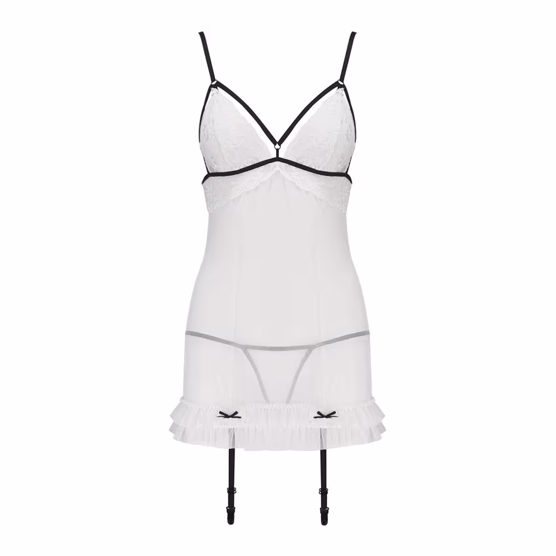 Сорочка прозора з пажами Passion ORIHIME CHEMISE S/M, white, трусики, стрепи — фото 3