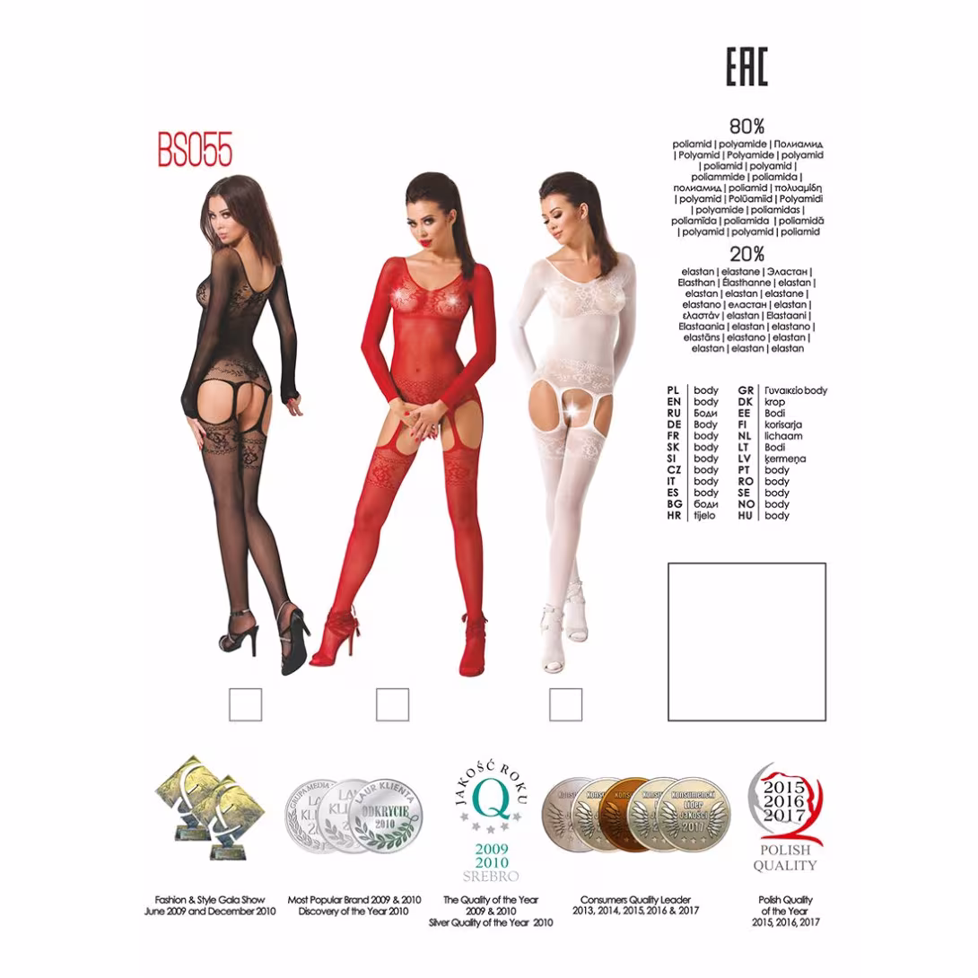 Бодістокінг Passion BS055 red, комбінезон, імітація панчіх і пояса, довгий рукав, закрите плече — фото 5