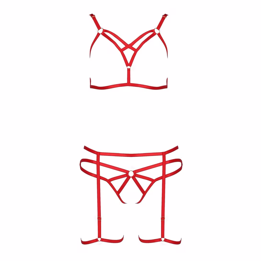 Комплект білизни Passion Exclusive MAGALI SET OpenBra XXL/XXXL, red, стрепи, ліф, трусики і пояс — фото 4
