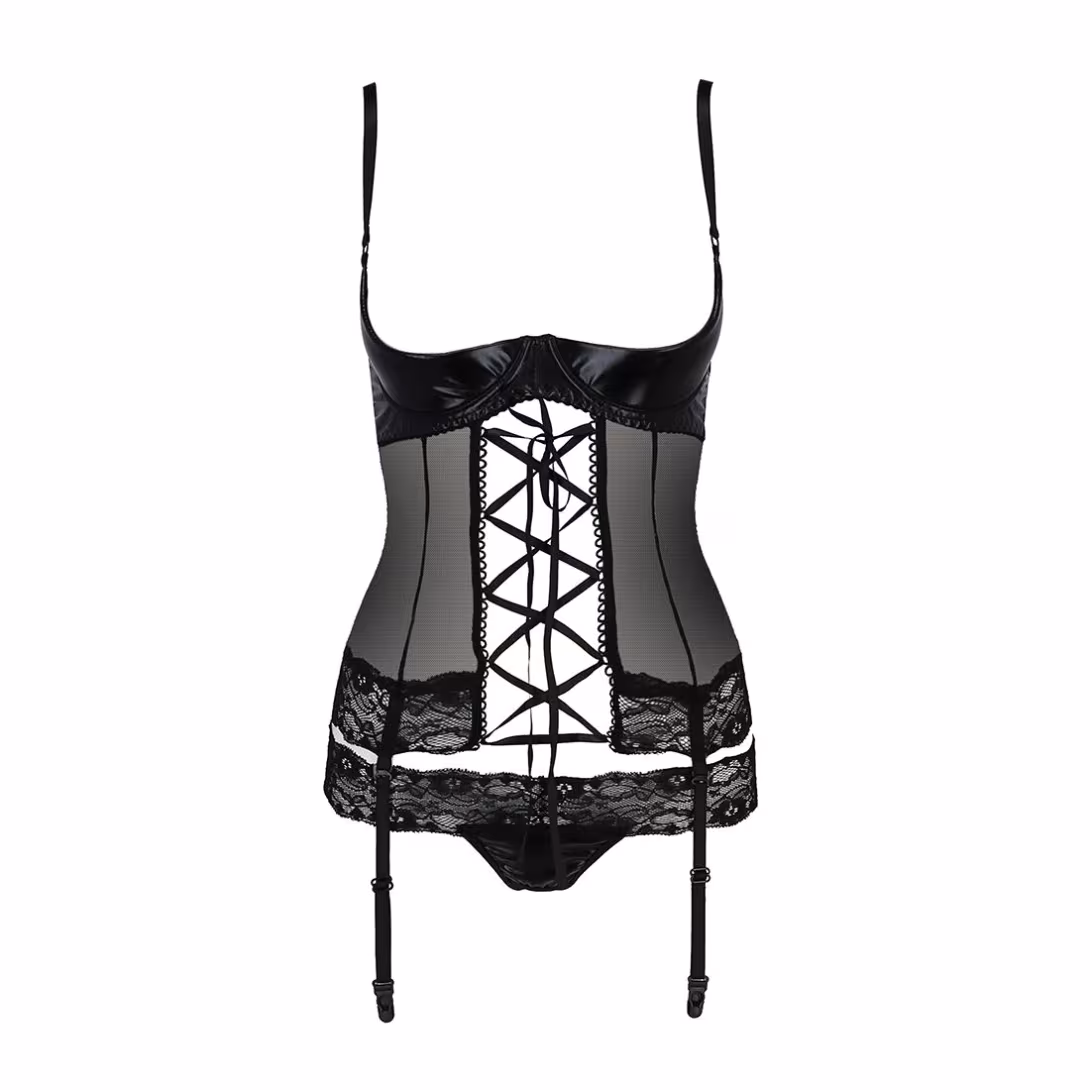 Корсет з відкритими грудьми Passion Exclusive NORTH CORSET L/XL, black, пажі, трусики, шнурівка — фото 5