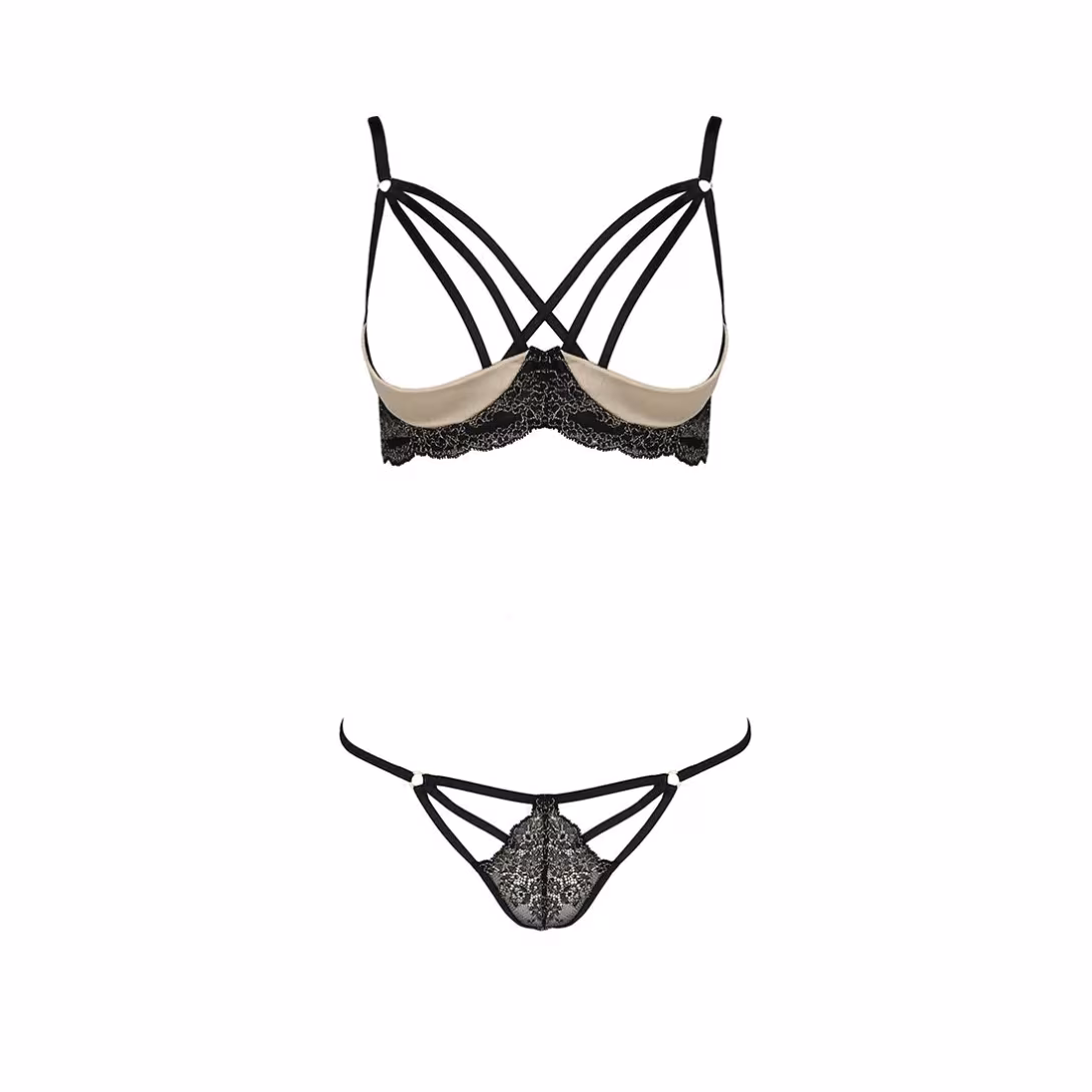 Комплект білизни Passion Exclusive VALERY SET OpenBra L/XL, black, стрепи, трусики, відкритий ліф — фото 5