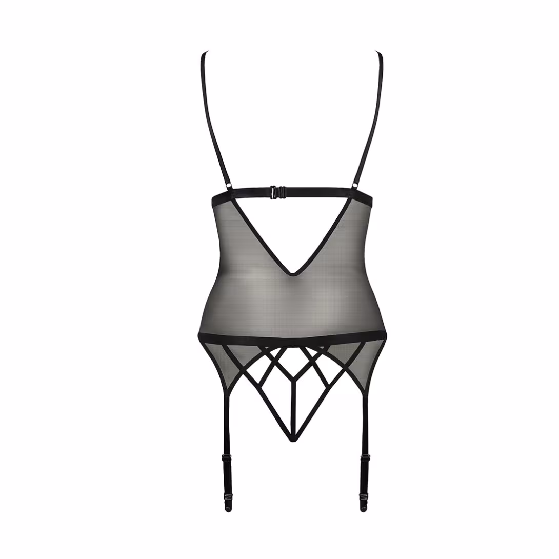 Корсет з відкритими грудьми Passion DIABOLINA CORSET L/XL, black, пажі, трусики, напівпрозорий — фото 4