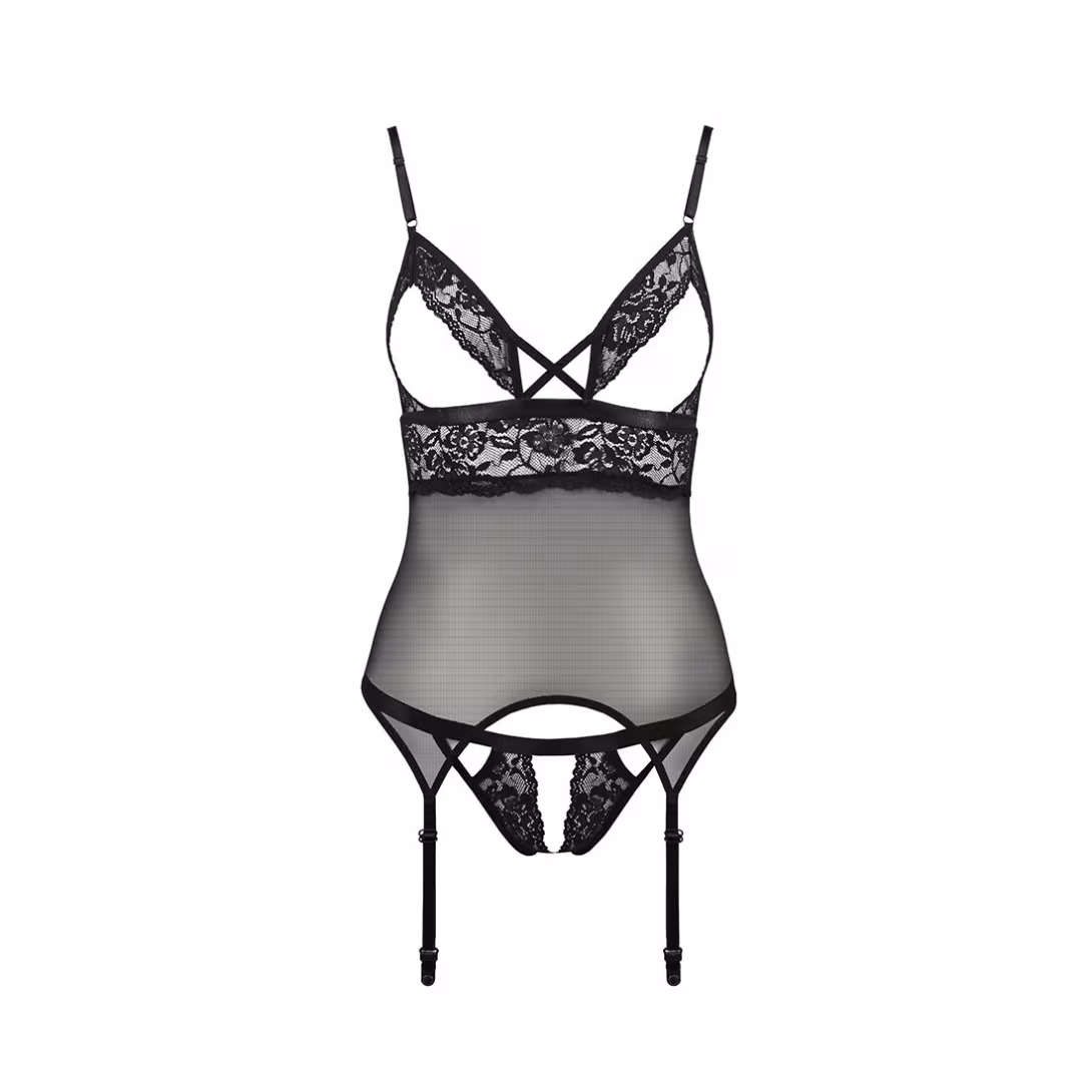 Корсет з відкритими грудьми Passion DIABOLINA CORSET XXL/XXXL, black, пажі, трусики, напівпрозорий — фото 3