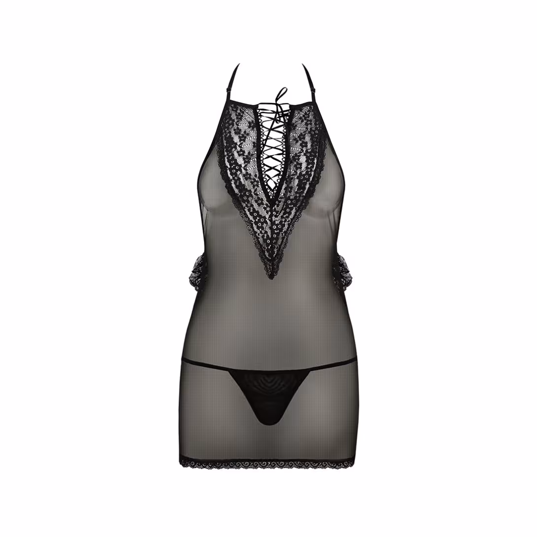 Сорочка прозора приталена Passion ERZA CHEMISE L/XL, black, трусики — фото 3