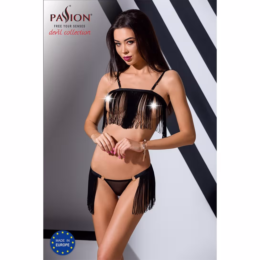 Комплект білизни Passion Exclusive KASSANDRA SET OpenBra L/XL black, ліф з бахроми, трусики-спідниця — фото 4
