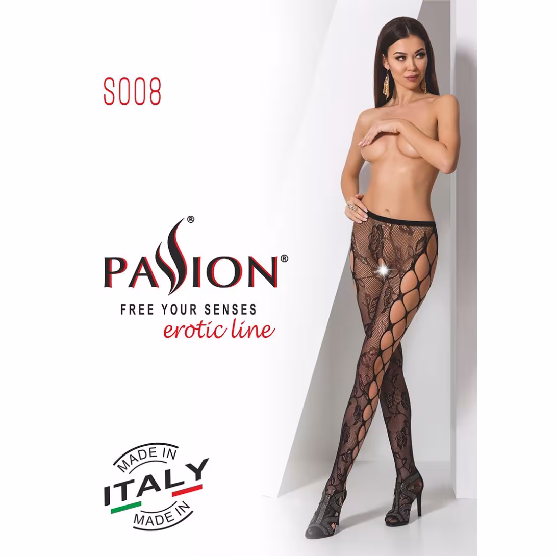 Еротичні колготки-бодістокінг Passion S008 black, ажурні колготки з вирізом та лампасами-сіткою — фото 7