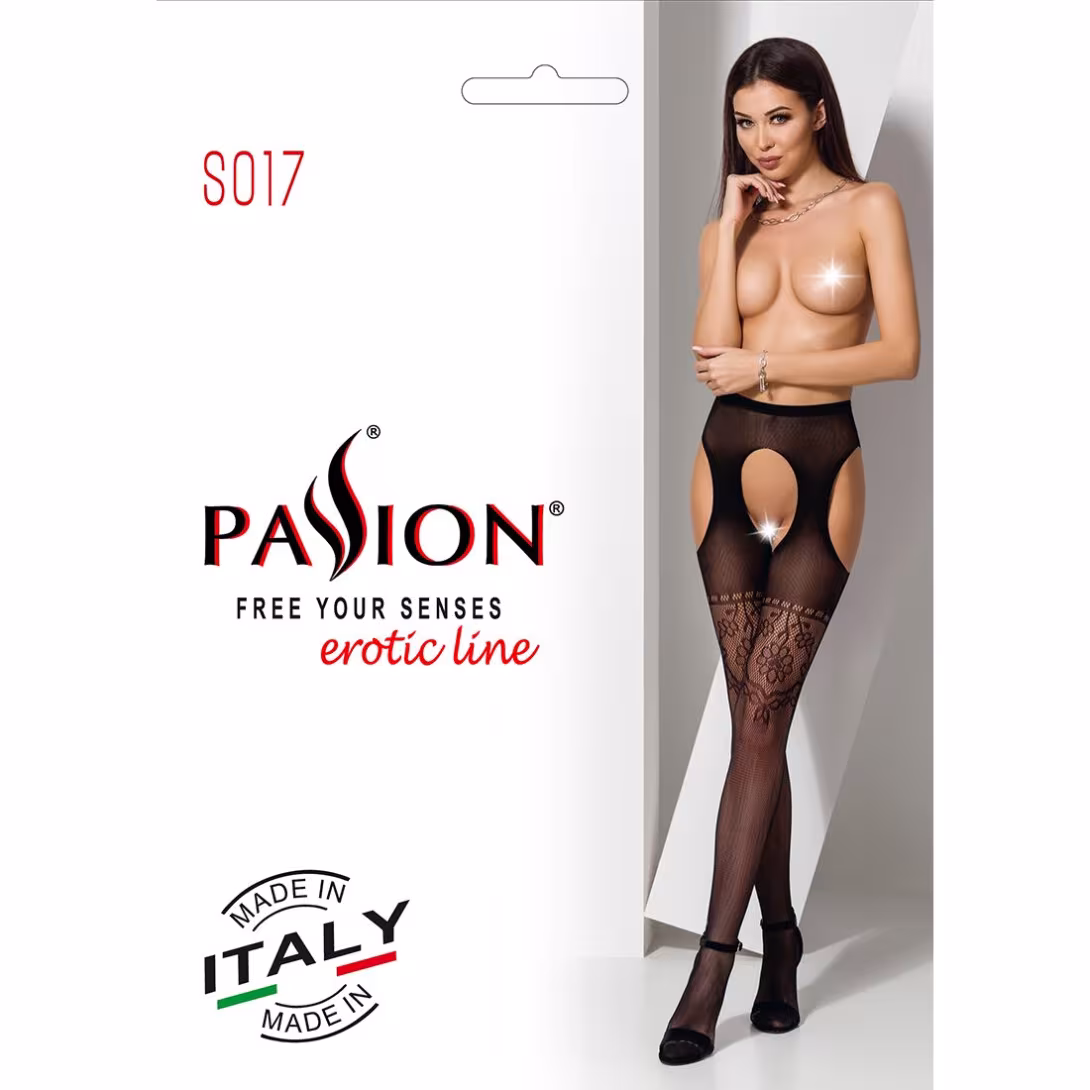 Колготки-бодістокінги з відкритим доступом Passion S017 One Size, Black, імітація панчіх та пояса — фото 7