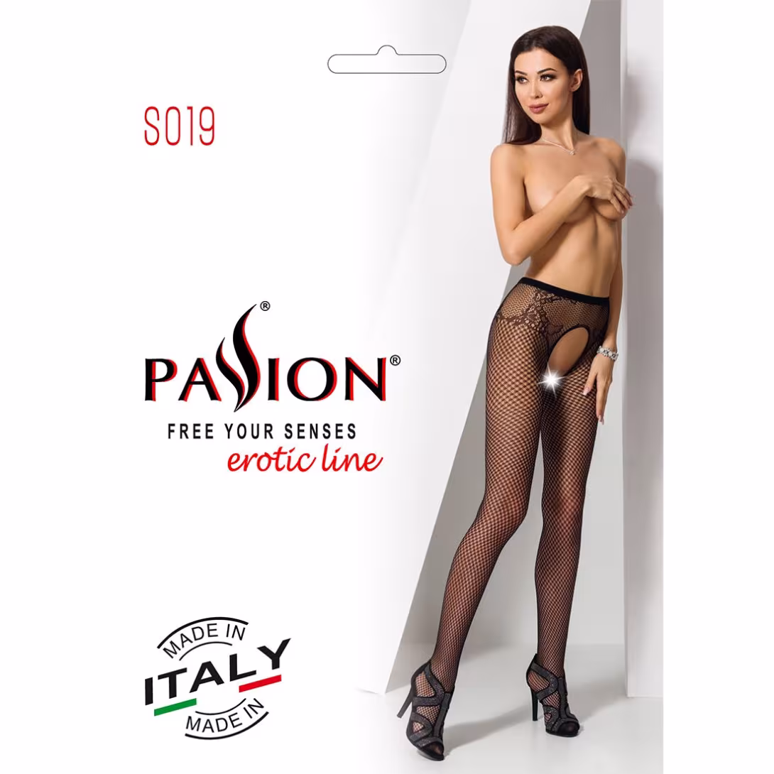Сітчасті колготки-бодістокінги Passion S019 One Size, Black, імітація трусиків, відкритий доступ — фото 7
