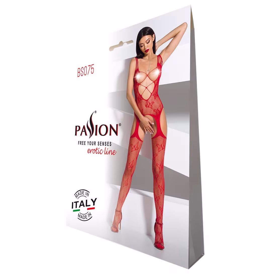 Відвертий бодістокінг з глибоким декольте Passion BS075 red — фото 5