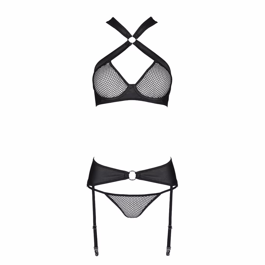 Сітчастий набір, бюстгальтер з халтером, трусики та пояс для панчох AMANDA SET L/XL, black — фото 5