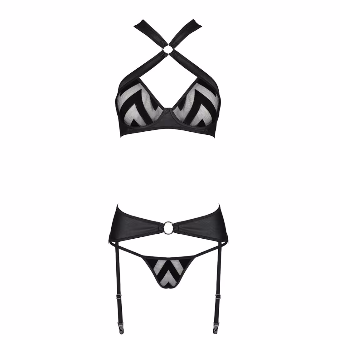 Сітчастий набір з візерунком, бюстгальтер, трусики, пояс для панчіх Passion HIMA SET XXL/XXXL black — фото 3