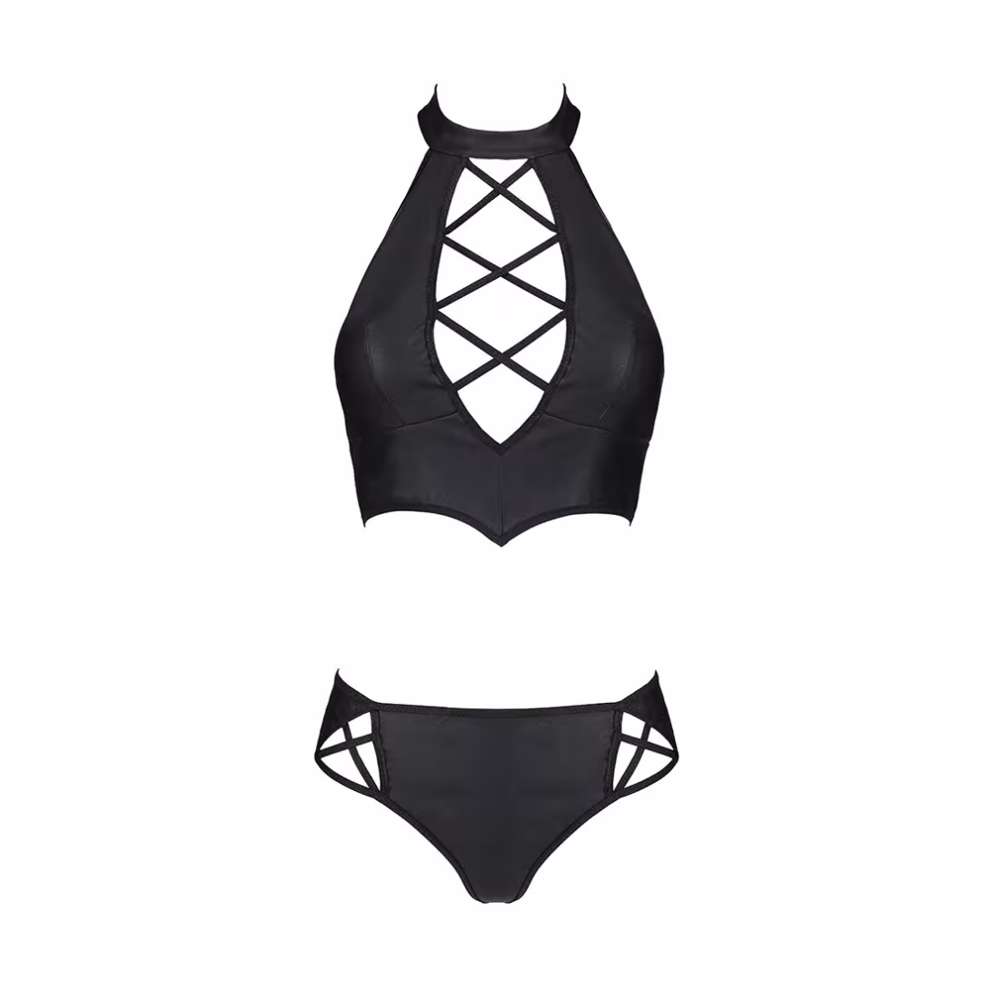 Комплект з еко-шкіри Passion NANCY BIKINI XXL/XXXL, black, бра та трусики з імітацією шнурівки — фото 5