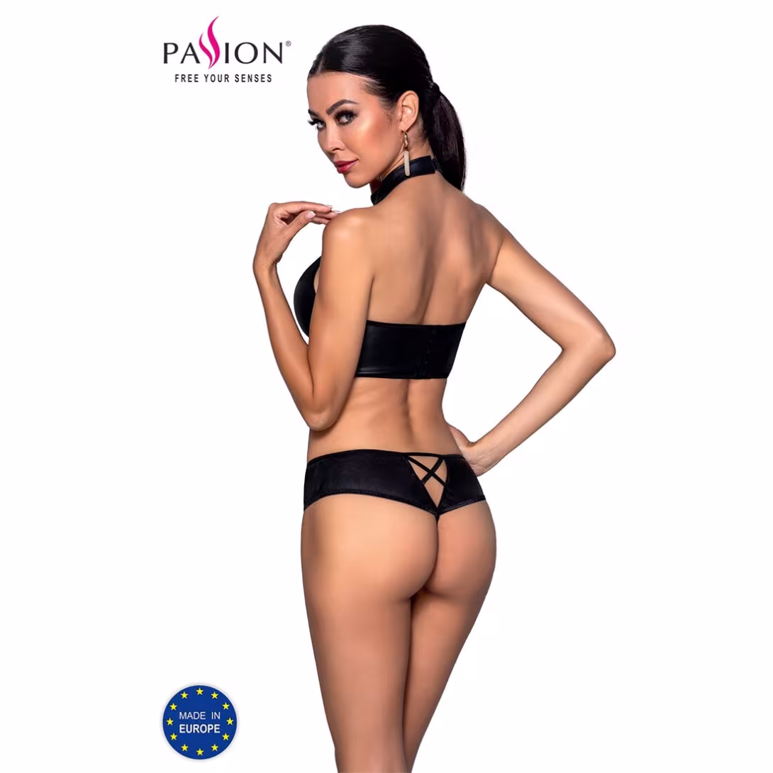 Комплект з еко-шкіри Passion NANCY BIKINI XXL/XXXL, black, бра та трусики з імітацією шнурівки — фото 2
