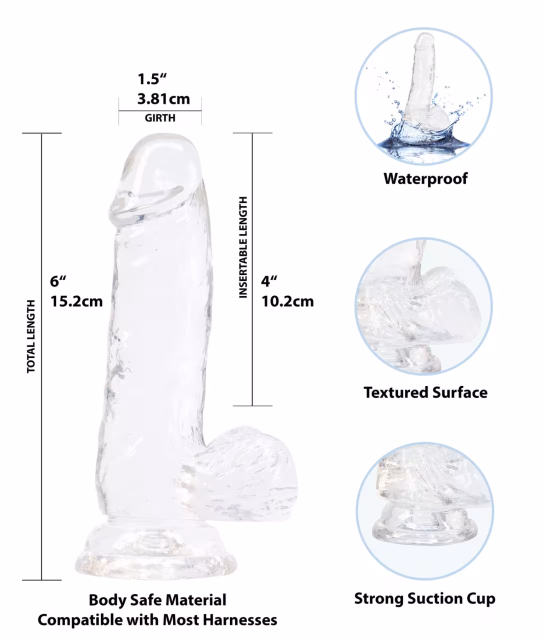 Прозорий фалоімітатор на присосці ADDICTION — Clear Dildo with Balls 6″, віброкуля в подарунок — фото 2