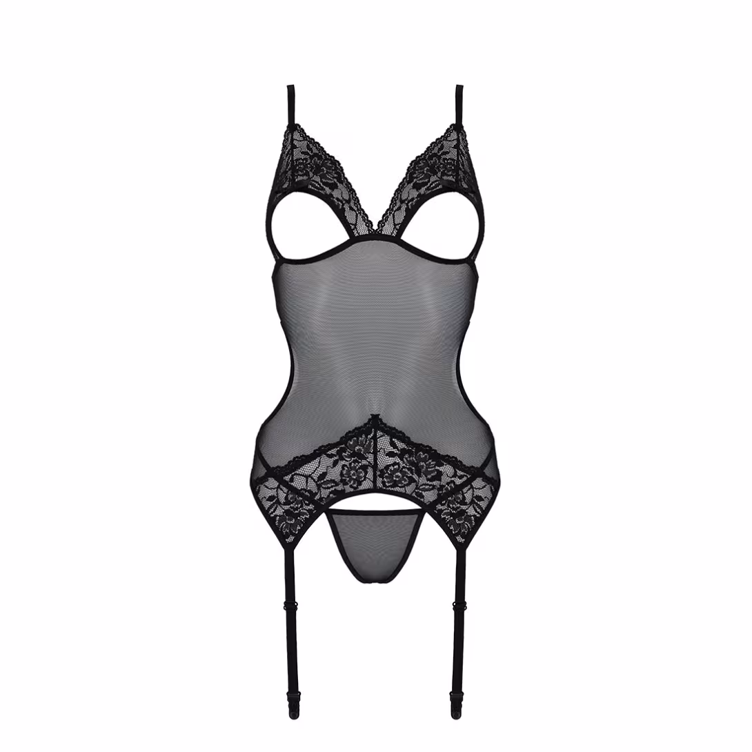 Корсет із підв’язками та ажурним ліфом Passion CHRISTA CORSET L/XL, black, стрінги в комплекті — фото 5