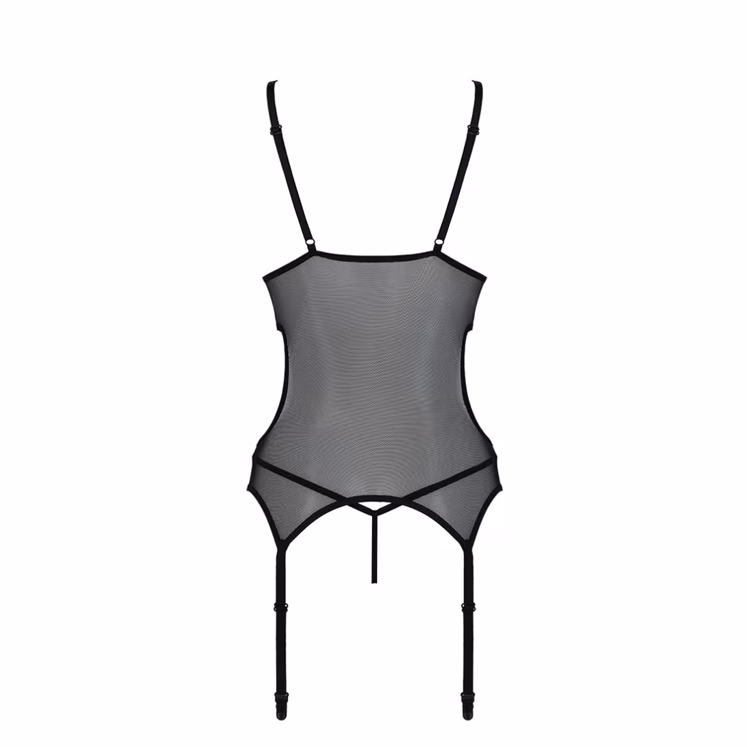 Корсет із підв’язками та ажурним ліфом Passion CHRISTA CORSET XXL/XXXL, black, стрінги в комплекті — фото 6