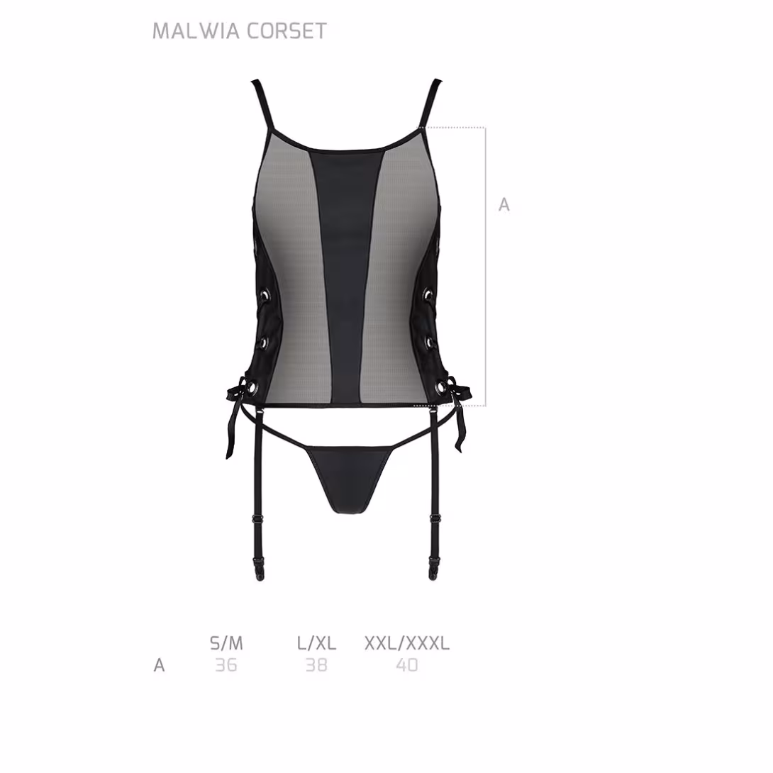 Сітчастий корсет з люверсами та знімними пажами Passion MALWIA CORSET S/M, black, екошкіра, стрінги — фото 7