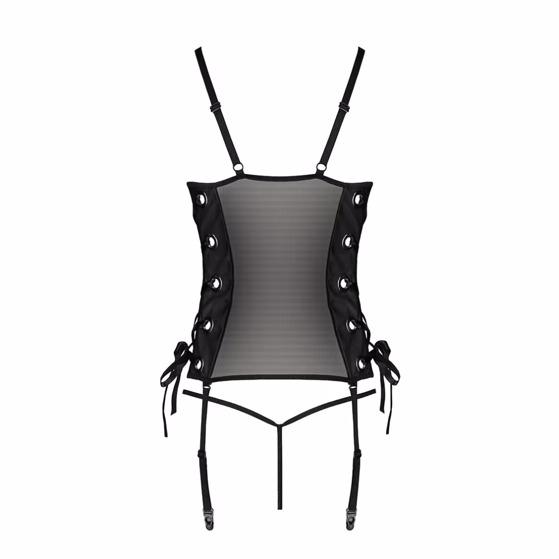 Сітчастий корсет з люверсами та знімними пажами Passion MALWIA CORSET S/M, black, екошкіра, стрінги — фото 6