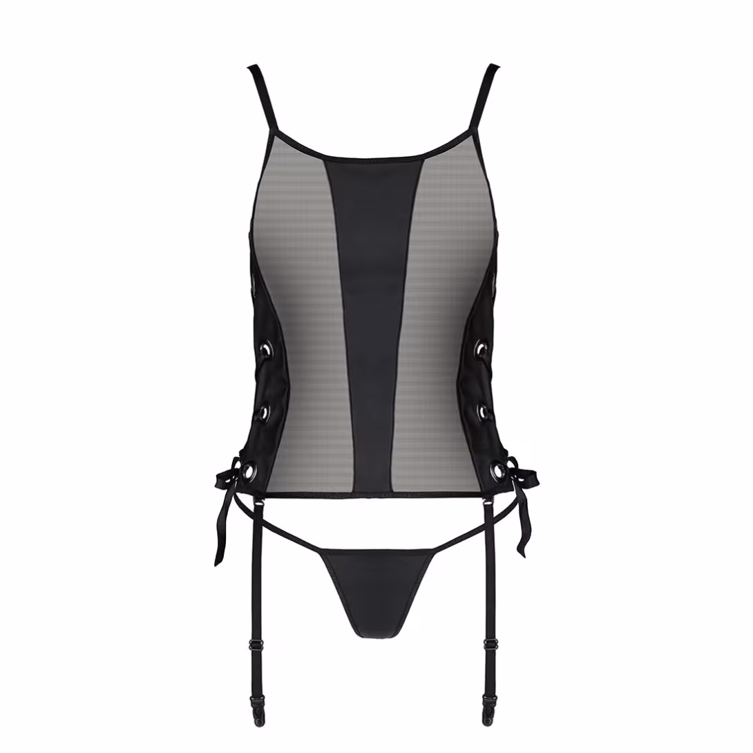 Сітчастий корсет з люверсами та знімними пажами Passion MALWIA CORSET S/M, black, екошкіра, стрінги — фото 5