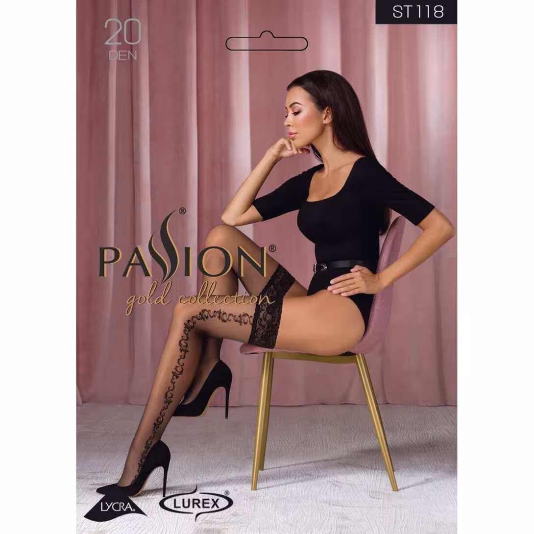 Панчохи Passion ST118 5 black, на ажурній силіконовій резинці, з бічним вертикальним малюнком — фото 3
