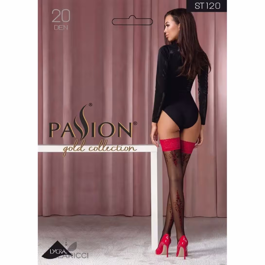 Панчохи Passion ST120 5 black-red, на ажурній силіконовій резинці, вишуканий декор та люрекс — фото 5