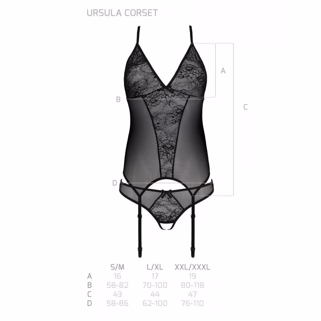 Корсет із пажами, трусики з ажурним декором та відкритим кроком Passion URSULA CORSET XXL/XXXL black — фото 6