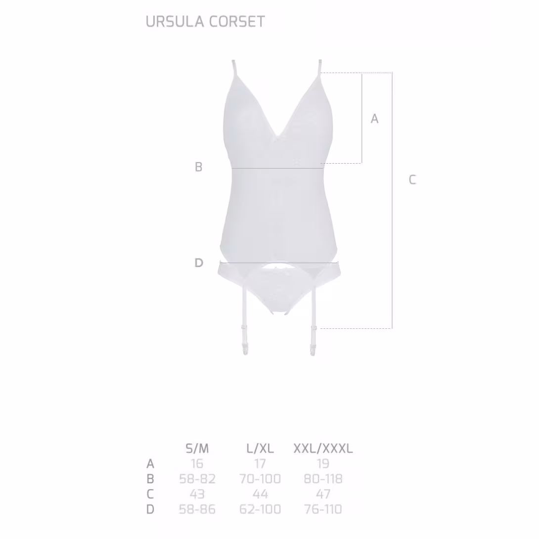 Корсет із пажами, трусики з ажурним декором та відкритим кроком Passion URSULA CORSET L/XL, white — фото 5