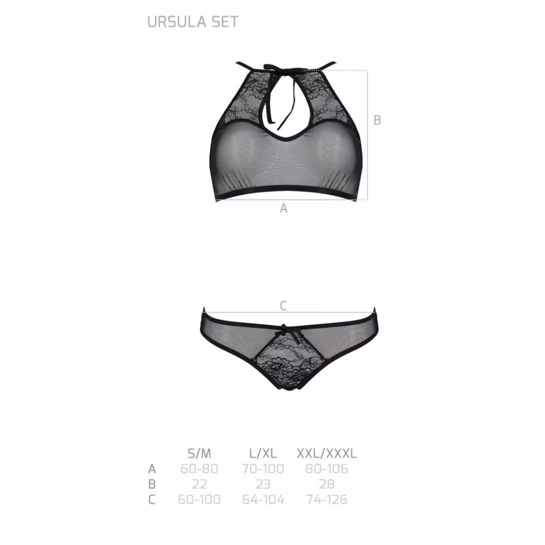 Комплект: бра, трусики з ажурним декором та відкритим кроком Passion URSULA SET XXL/XXXL, black — фото 5