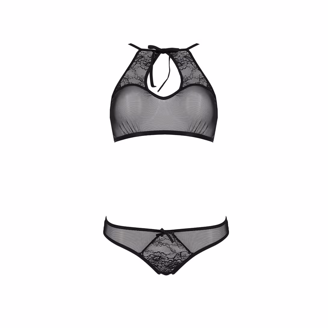 Комплект: бра, трусики з ажурним декором та відкритим кроком Passion URSULA SET XXL/XXXL, black — фото 3