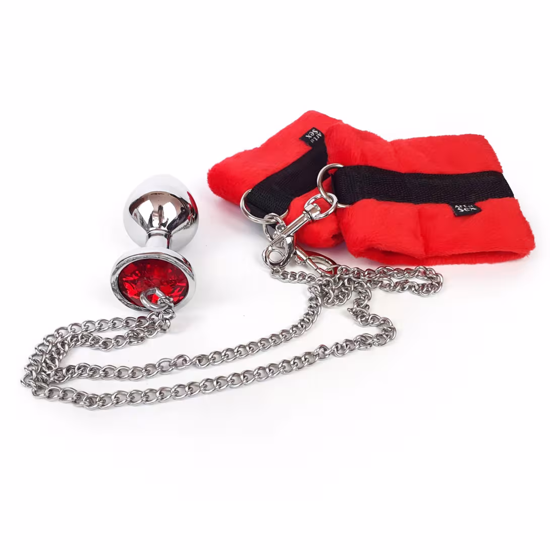 Наручники з металевою анальною пробкою Art of Sex Handcuffs with Metal Anal Plug  size M Red — фото 2