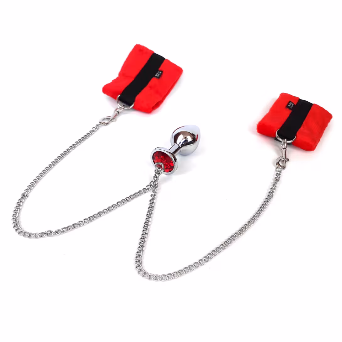Наручники з металевою анальною пробкою Art of Sex Handcuffs with Metal Anal Plug  size M Red — фото 3