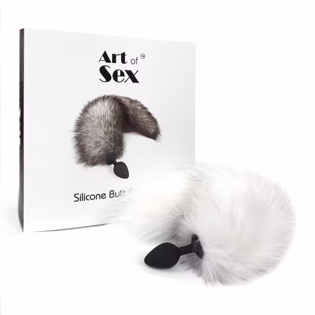 Силіконова анальна пробка з хвостом із натурального хутра Art of Sex size M White fox — фото 5