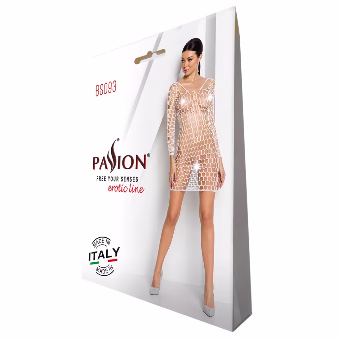 Бодістокінг-сукня з глибоким коміром Passion BS093 white, довгі рукави — фото 4