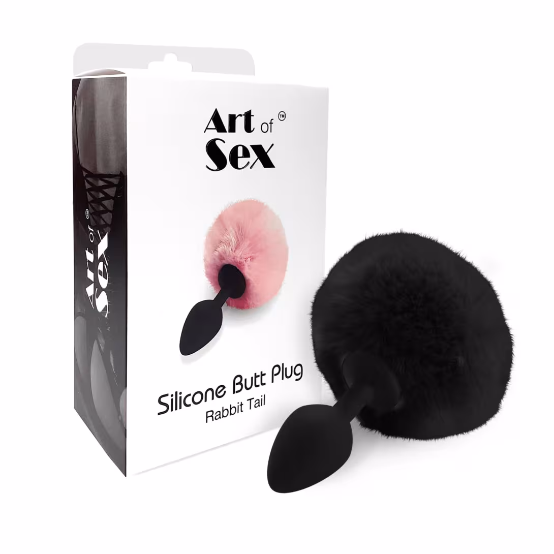 Силіконова анальна пробка М Art of Sex - Silicone Butt plug Rabbit Tail Black, діаметр 3,5 см — фото 3