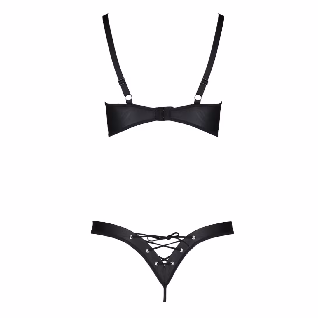 Комплект з екошкіри Passion CELINE BIKINI 4XL/5XL black, відкритий бра, стрінги зі шнурівкою — фото 4