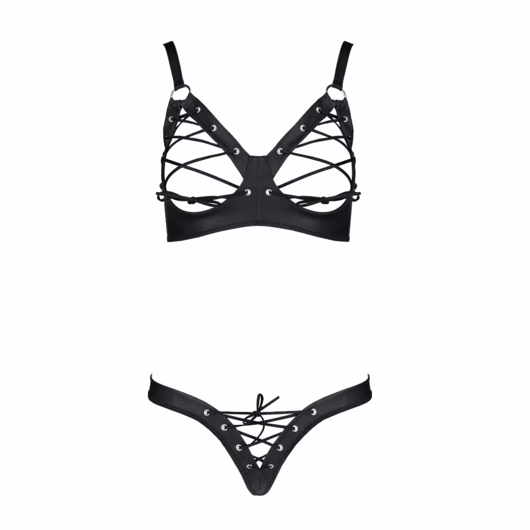 Комплект з екошкіри Passion CELINE BIKINI 6XL/7XL black, відкритий бра, стрінги зі шнурівкою — фото 3