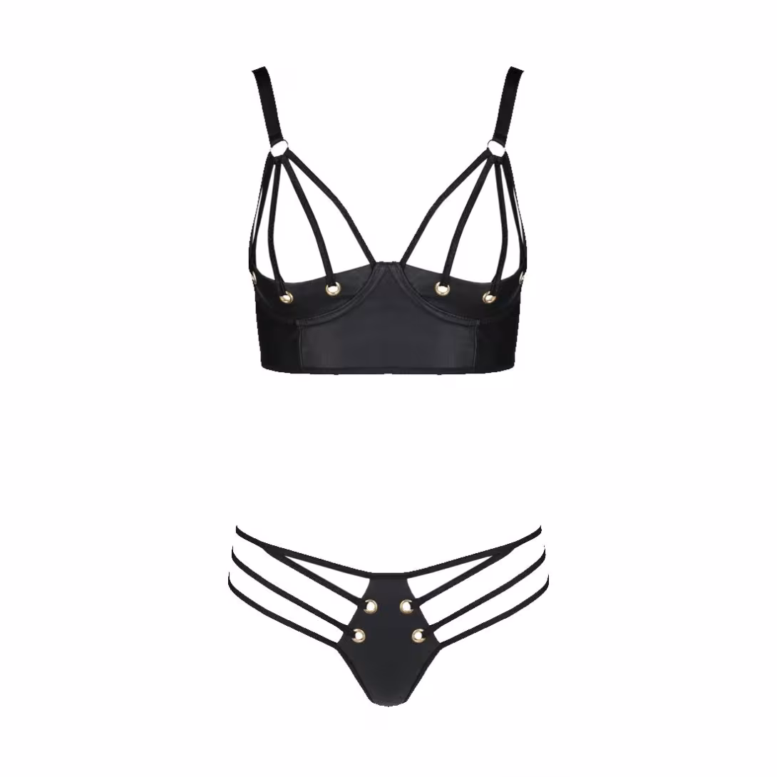 Комплект з екошкіри Passion MALWIA BIKINI 4XL/5XL black, з люверсами та ремінцями, бра, трусики — фото 3
