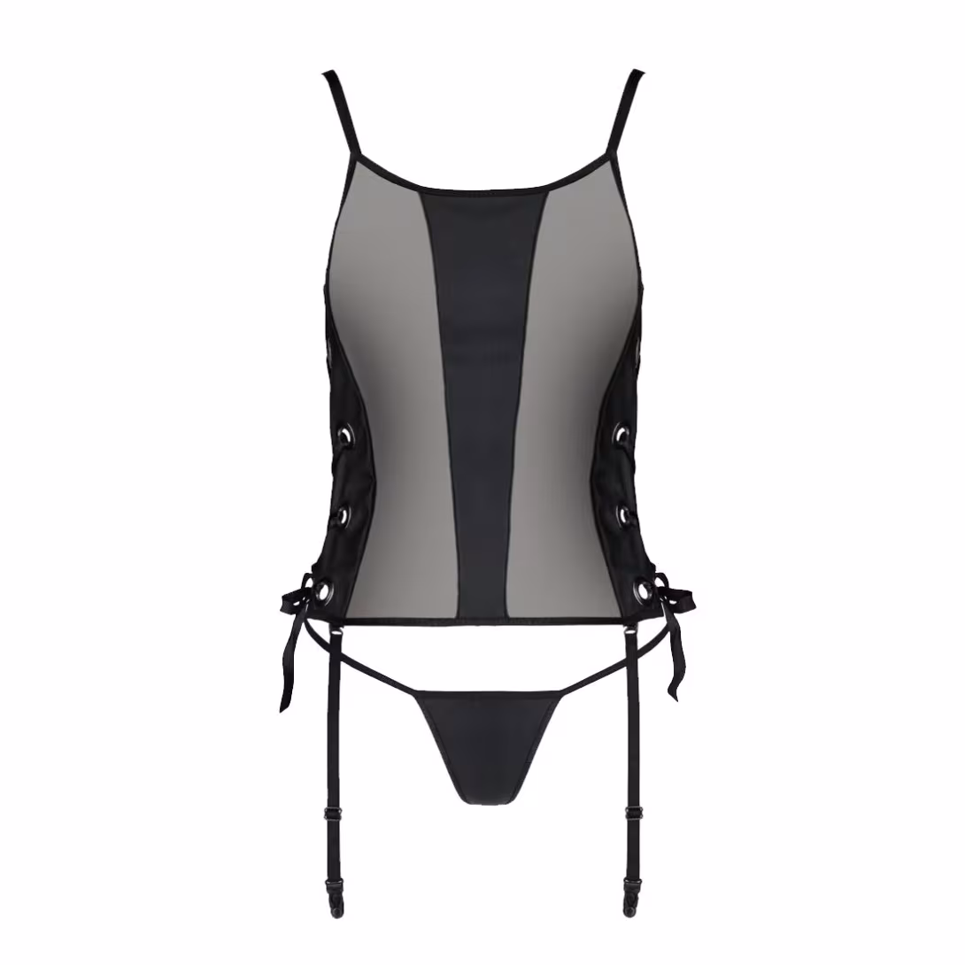 Сітчастий корсет з екошкіри Passion MALWIA CORSET 4XL/5XL black, з люверсами та знімними пажами — фото 3