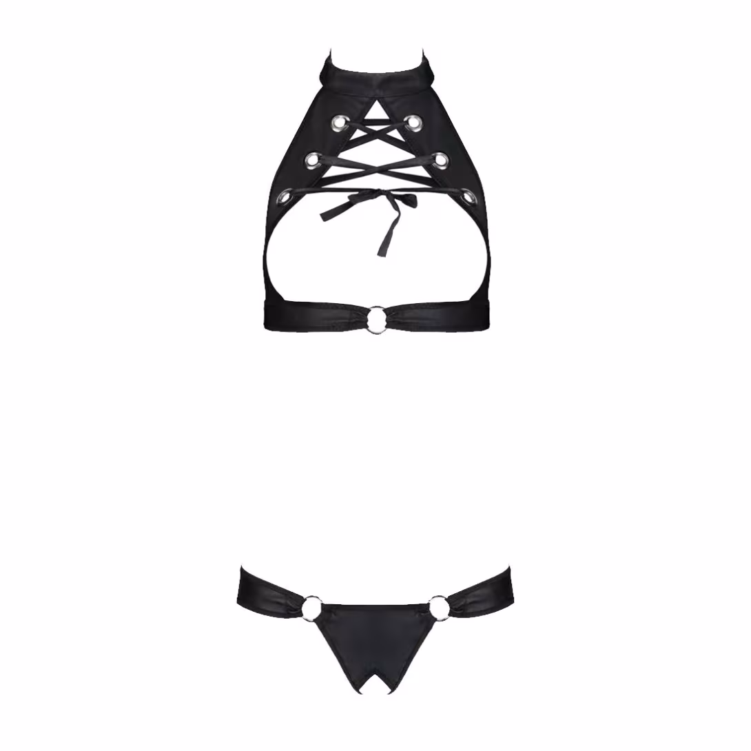 Комплект із екошкіри Passion MALWIA SET with Open Bra 6XL/7XL black, топ та трусики з люверсами — фото 3