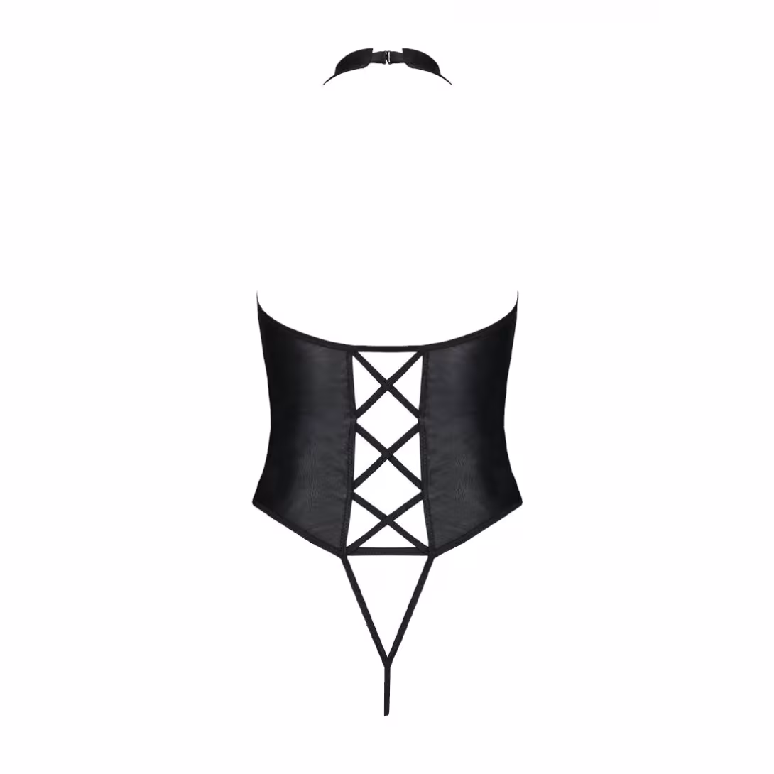 Боді з екошкіри Passion NANCY BODY 4XL/5XL black, з імітацією шнурівки та відкритим доступом — фото 4