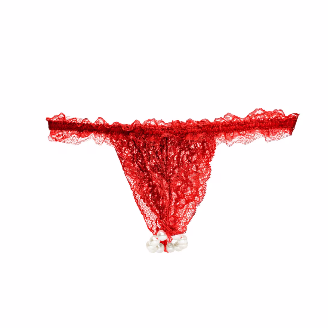 Набір Intt BRAZILIAN PANTY RED: трусики на резинці S-XL з перлинним кільцем + полунична змазка — фото 2