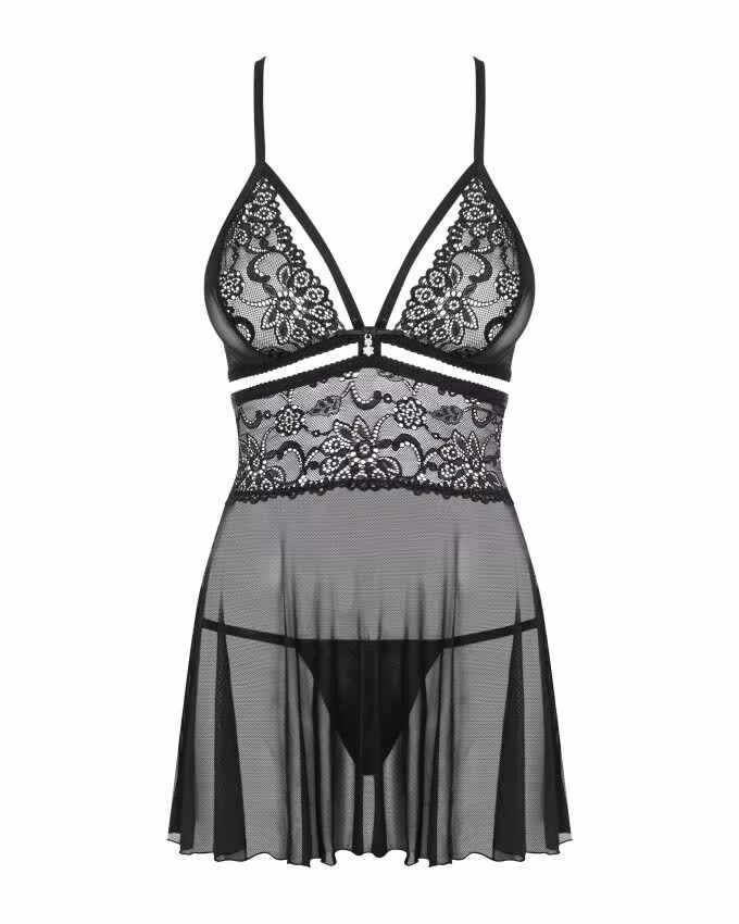 Еротичний мереживний комплект із сіточкою Obsessive 838-BAB-1babydoll & thong black S/M — фото 6