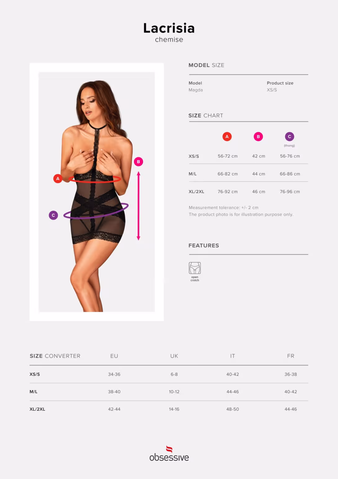 Напівпрозора сорочка з відкритими грудьми Obsessive Lacrisia chemise XL/2XL, чорна, з чокером — фото 7
