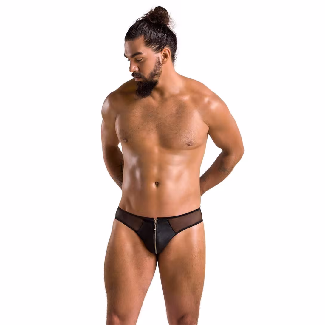 Чоловічі сліпи на блискавці Passion 042 SLIP TIMMY L/XL Black, екошкіра, сітка — фото 3