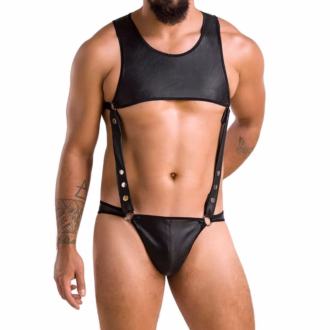Чоловіче шкіряне боді Passion 056 ADAM L/XL Black, заклепки