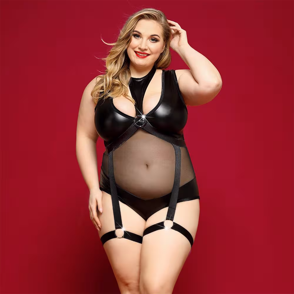 Елегантне боді з екошкіри JSY «Спокуслива Морган» Plus Size, Black, сітка, портупея з гартерами